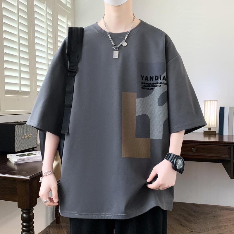 New Loose Flocking Printed Short-sleeved T-shirt Men's Teenagers' Fashion Casual Sports Top Summer