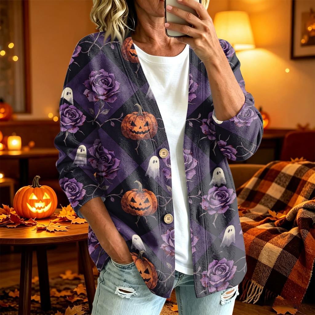 Women's Casual Long Sleeve Jacket with Halloween Print for Fall Parties