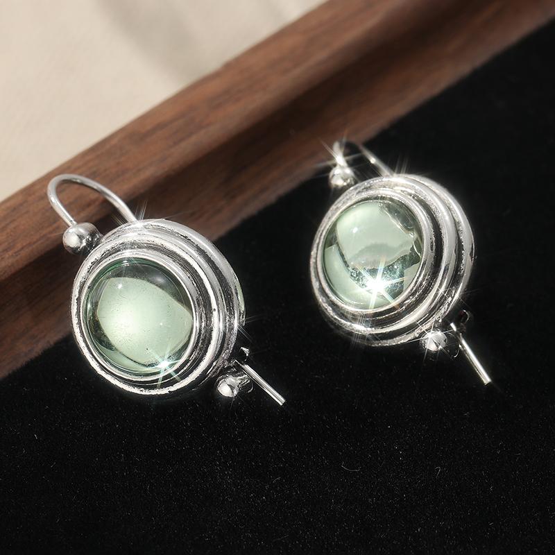 Exquisite Elegant Green Stone Round Pendant Earrings for Women Vintage Silvery Plated Daily Versatile Jewelry Accessaries Gifts