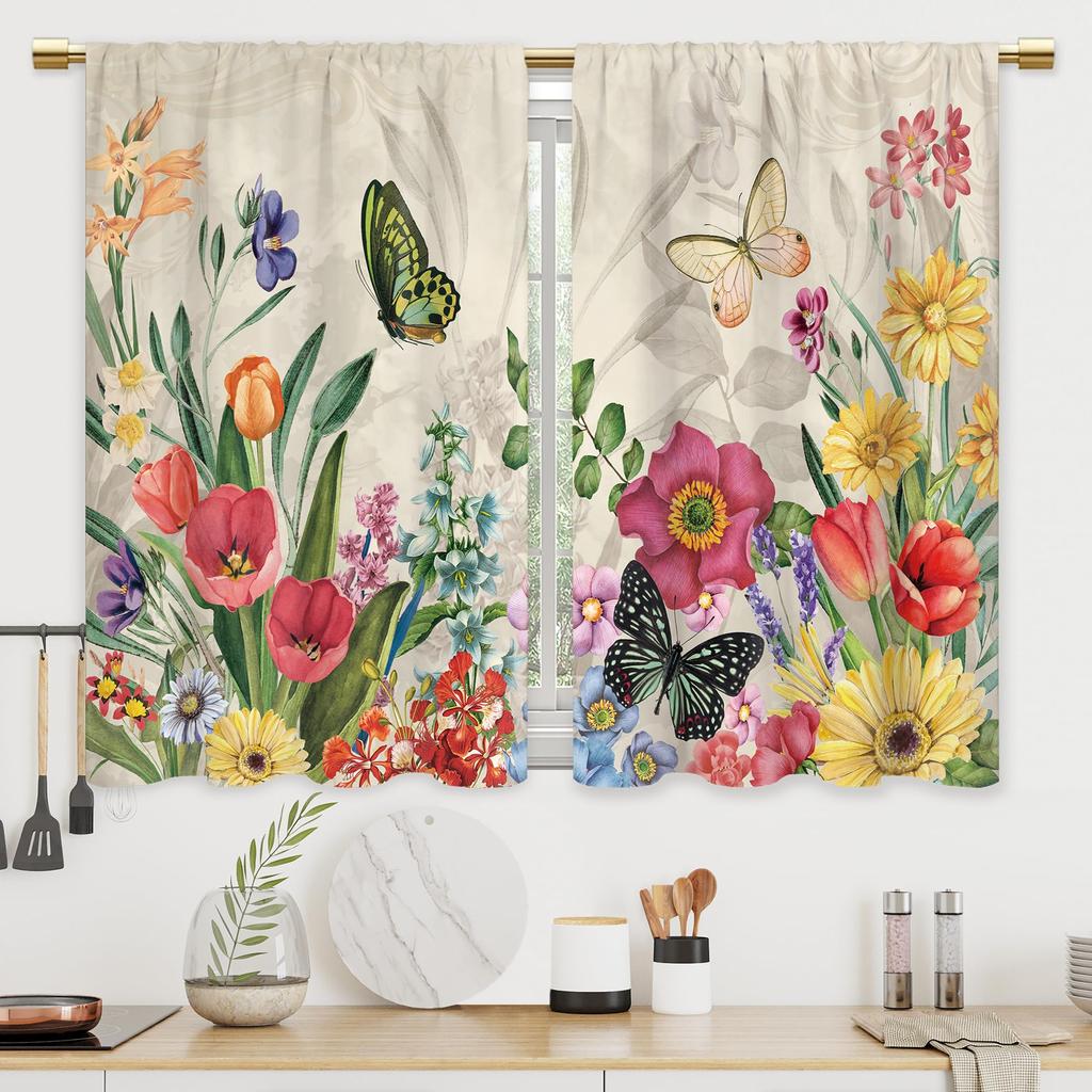 2 Panels Floral Curtains Wildflower Rod Pocket Colorful Leaves Spring Nature Rustic Bedroom Living Room Treatment Fabric