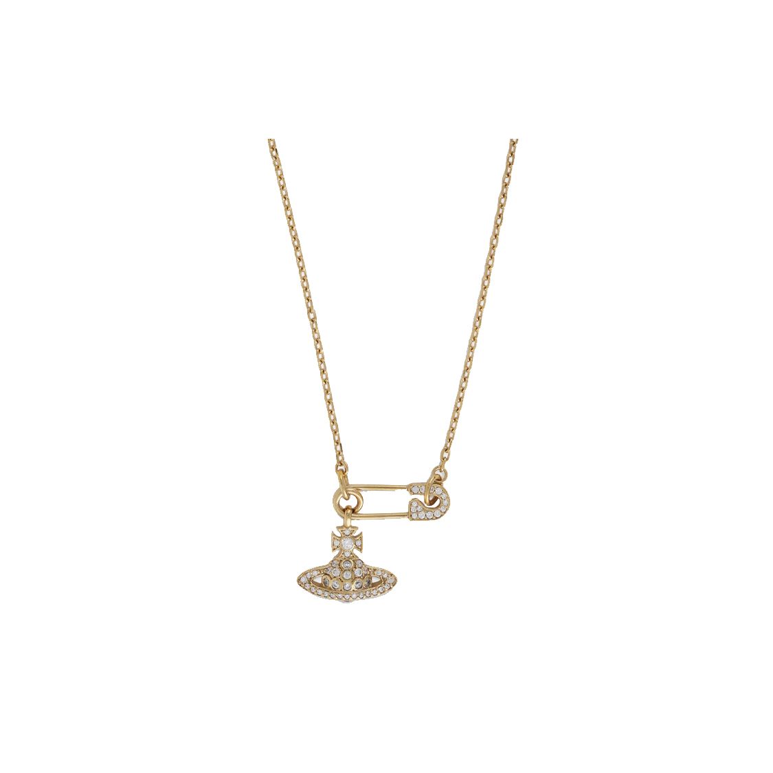 

Vivienne Westwood Paperclip Brooch Rhinestone Saturn Pendant Brass Necklace Women necklace Gold 63020291R102R102