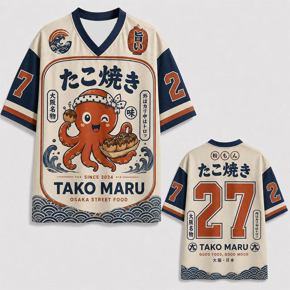 Takoyaki Grafisch Mesh Voetbalshirt Bijpassende Street Food Kicks Kleding Japanse Osaka Stijl Los Sport Top Mannen Vrouwen T-shirt