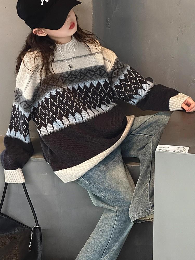 Girls' Diamond Knit Sweater - Korean Style Pullover for Older Children, Autumn/Winter 2025