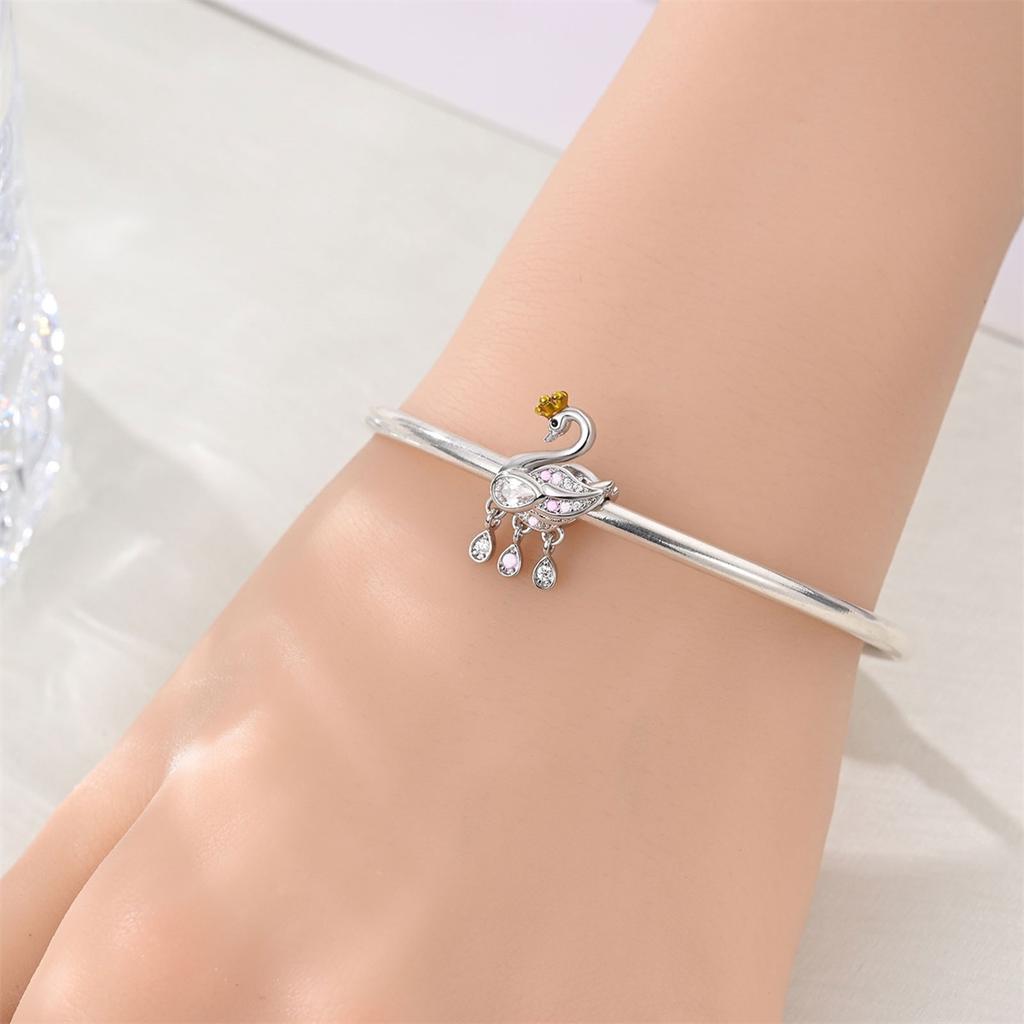 Pink Heart Shape Copper Sparkling Swan Beads & Crown Dangle Charm Fits Bracelet Women'S Exquisite Jewelry Gifts