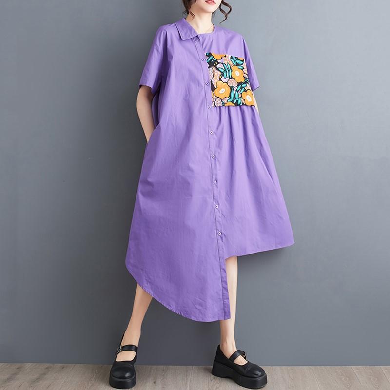 

Новое хлопковое винтажное платье с цветочным принтом больших размеров с короткими рукавами для женщин, повседневное свободное длинное летнее платье-рубашка фиолетовый