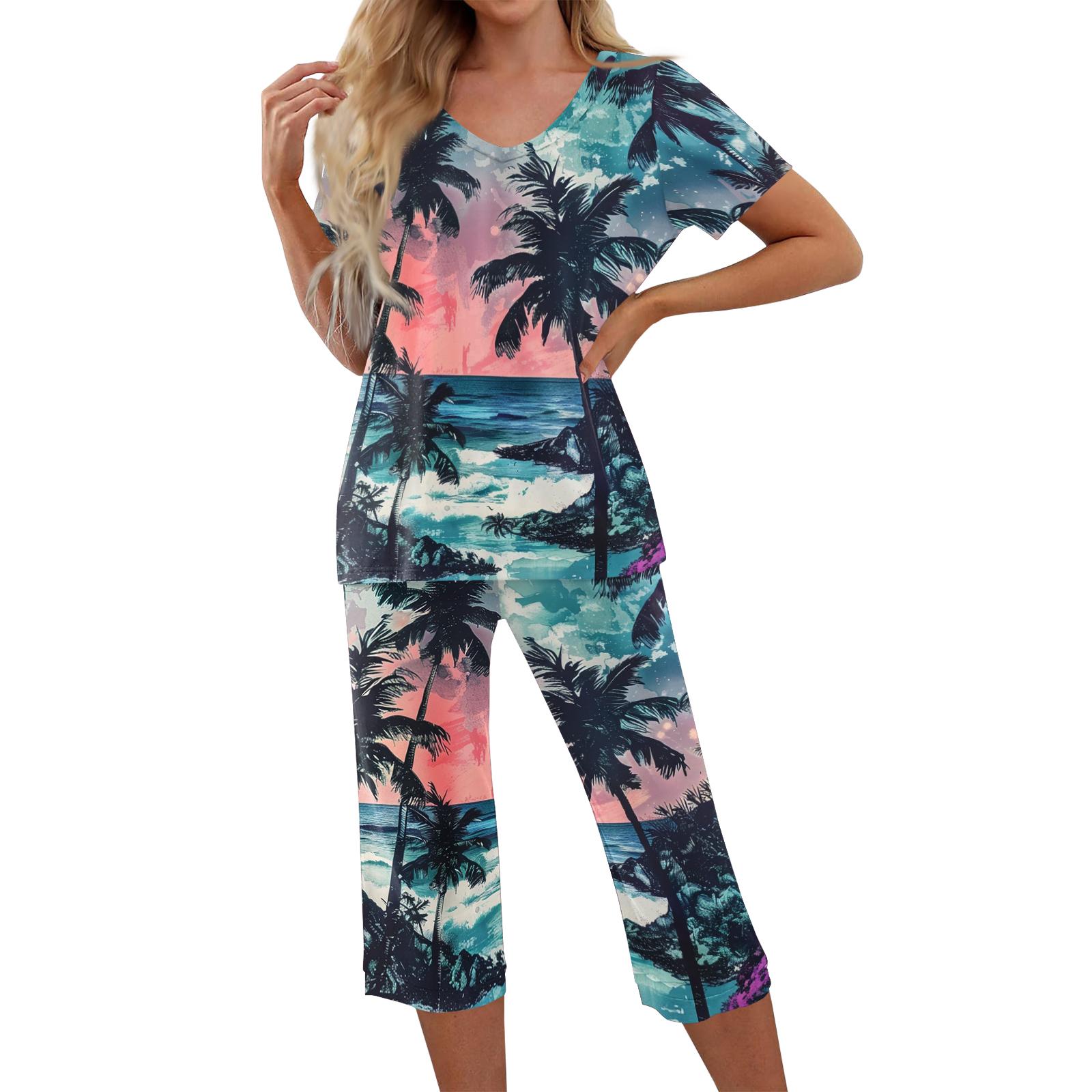 

2 Piece Sets For Women Short Sleeve Top And Pants With Pockets Workout Soft Print Sets XXXL