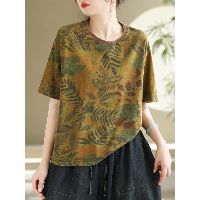 Large Size Women's New Style Literary Short-sleeved T-shirt Retro Printed Loose Casual Slim Pullover Top for Women