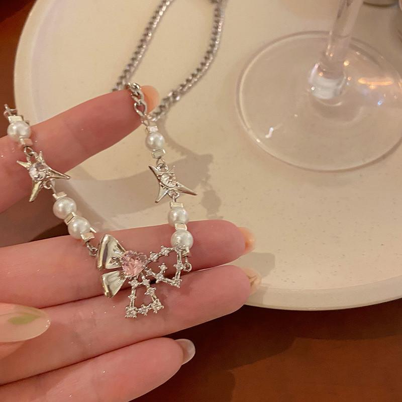IF ME Elegant Bow Beads Necklace for Women Zircon Artificial Pearls Necklaces Silver Chain Accessories Jewelry