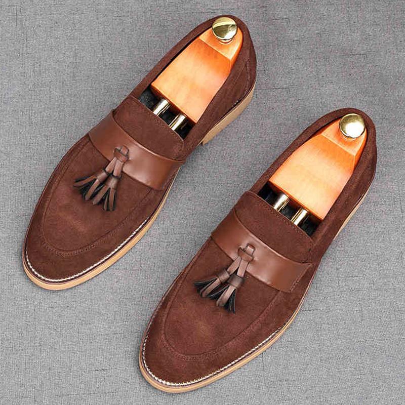 Fashion Fashion New Men's Pointed Tassels Suede Genuine Leather Flats Shoes Designer Male Homecoming Wedding Dress Footwear