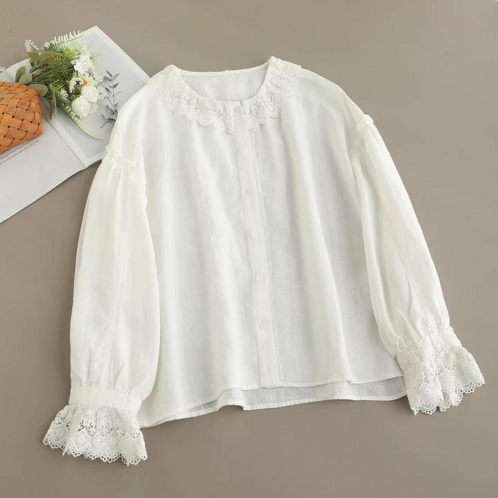 French Lace Patchwork Long Sleeve Doll Collar Linen Shirt