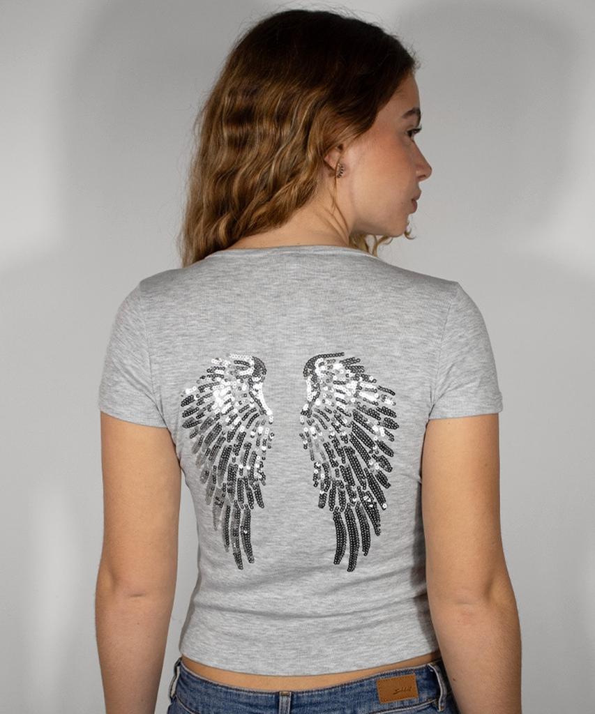 T-shirt Seobdyudeu con Ali di Paillettes (Grigio Perla Melange)