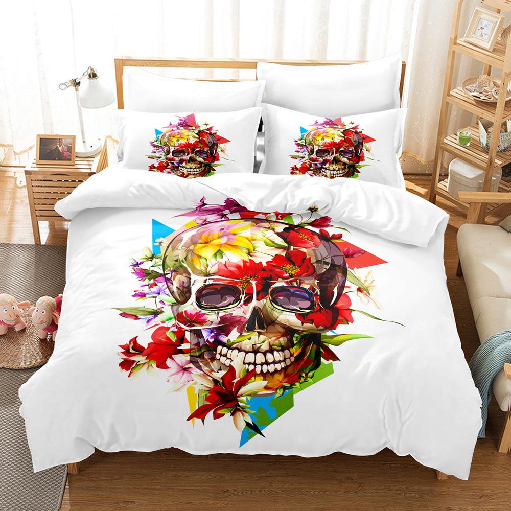Schädel High Definition Digitaldruck Heimtextil Bettlaken-Set Bettlaken Bettbezug Horror-Thema Bettwäsche Studentenwohnheim Dreiteiliges Set