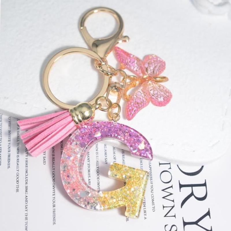 Fashion 26 English A-Z Initial Letter Resin Keychain Cute Butterfly Tassel Keyring Backpack Charm Pendent Accessories Gift