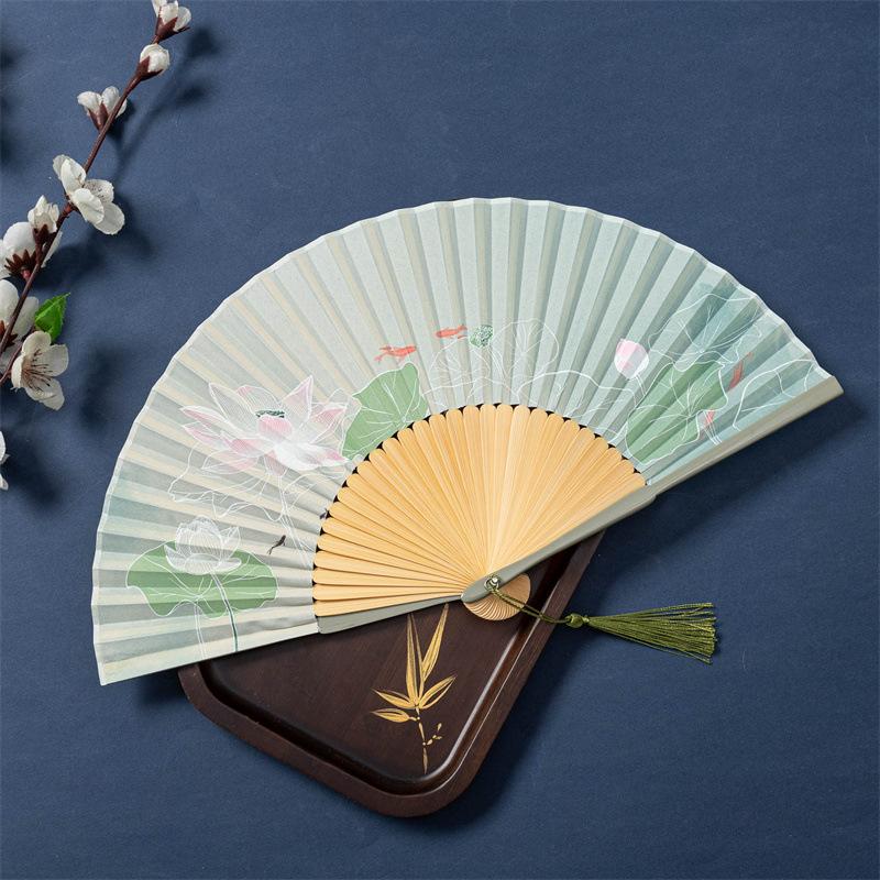 Chinese Style Bamboo Folding Hand Fan Classical Green Lotus Cheongsam Dance Fan Wedding Party Decor Art Craft Chinese Dance Fan