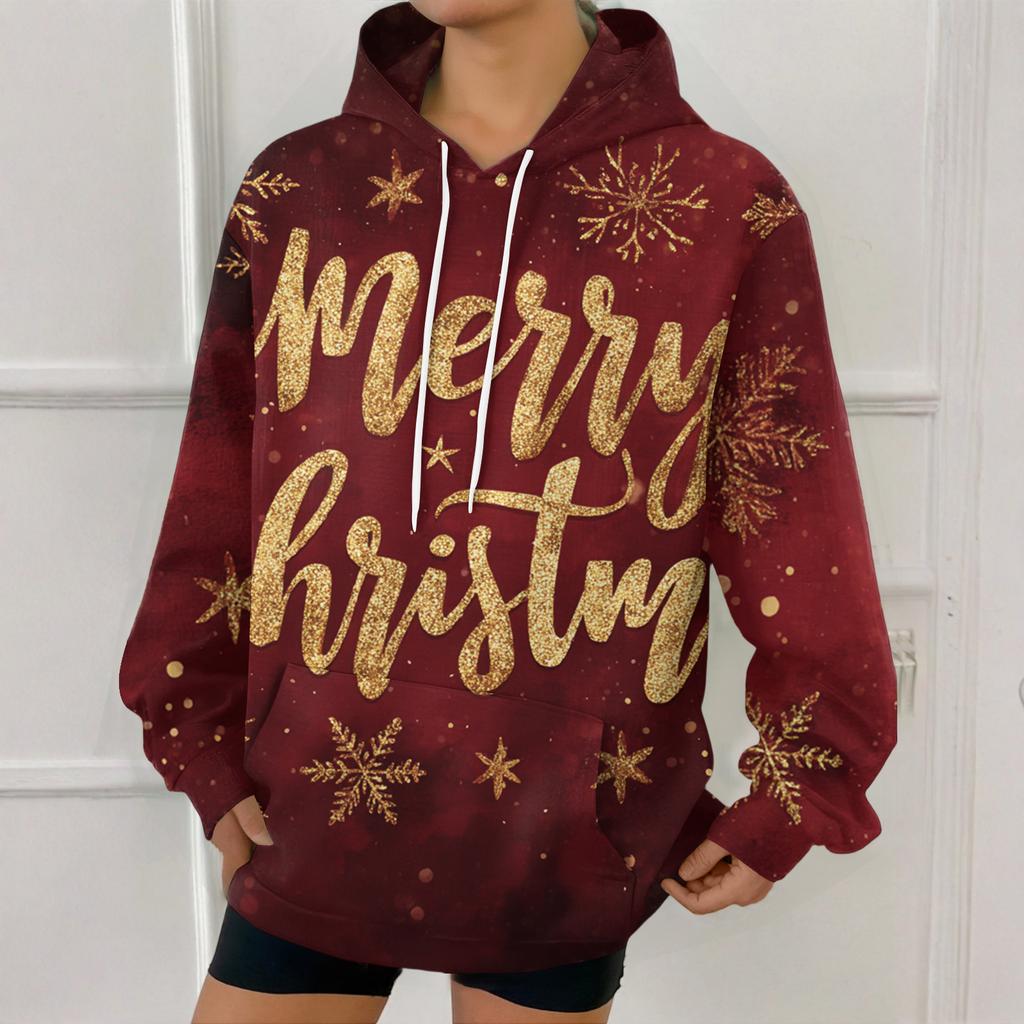 Women's Fashion Sweatshirt Christmas Print Casual Hooded Sweatshirt With Pockets