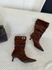 Retro pointed pile boots women's new brown stiletto belt buckle mid boots