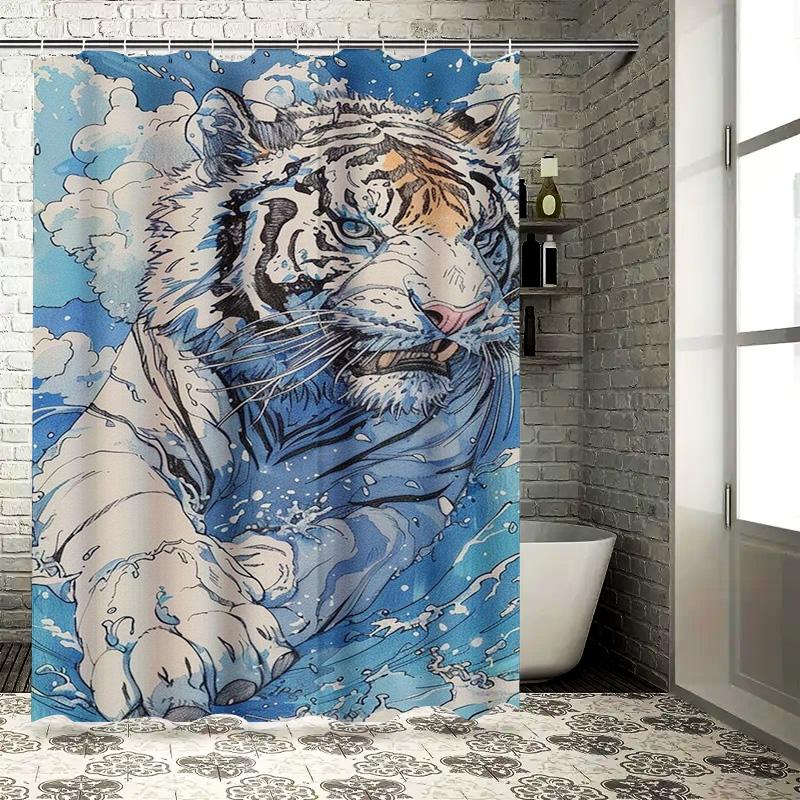 White Tiger In Waves Design Waterproof Shower Curtain Heat Resistant Machine Washable Non-Transparent 180x180cm
