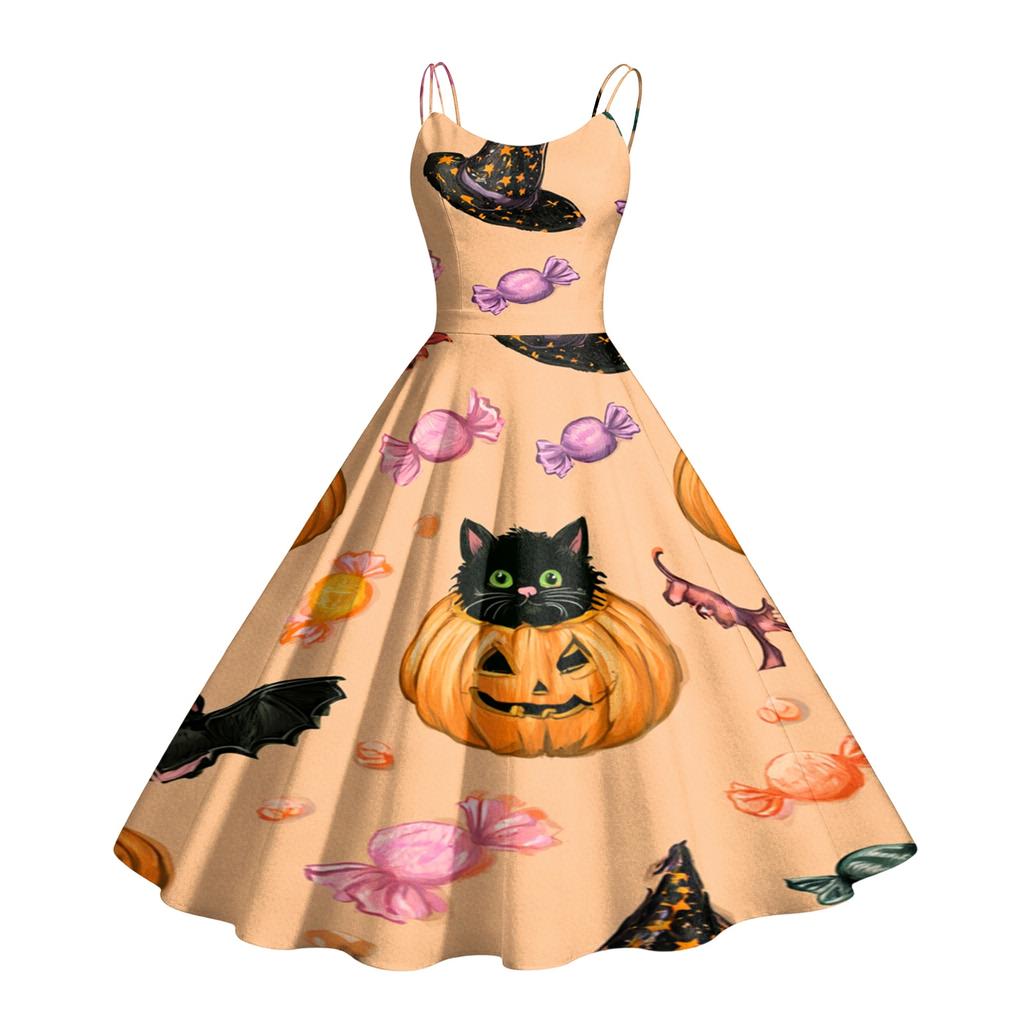 Women's Casual Sleeveless Halloween Print Dress for Holiday Parties and Everyday Wear