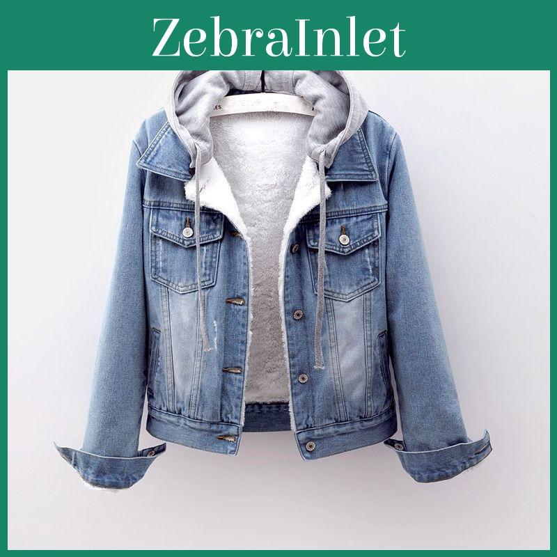 Coat Women Jeans Jackets Denim Hooded Autumn Winter Thick Fleece Fur Plush Lining Short Tops Vintage Long Sleeve