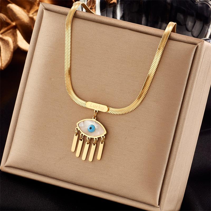 

Gold Snake Chain Evil Eye Tassel Necklace with Lucky Engraving золотой