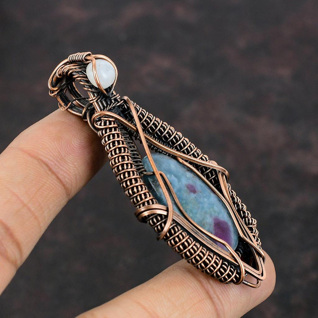 Ruby In Blue Kyanite Copper Pendant Wire Wrapped Pendant Gemstone Copper Jewelry Moonstone Handmade Pendant Wire Wrap Jewelry Gift For Him
