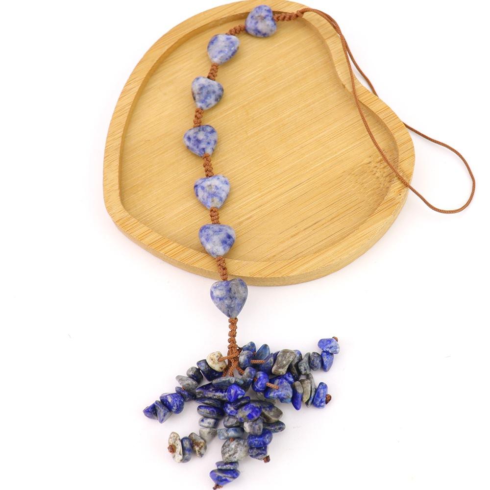 Hand-Woven Natural Stone Heart-Shaped Car Rearview Mirror Fringed Pendant Bag Pendant G81