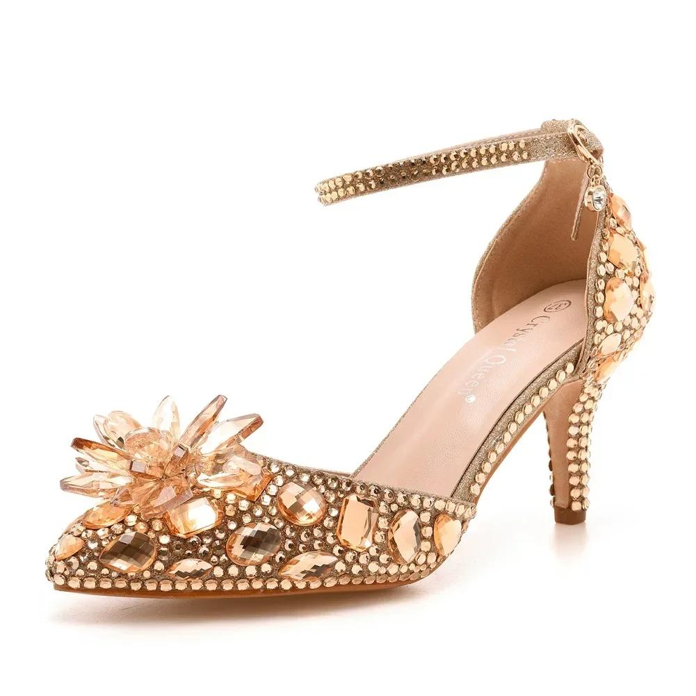 Sexy Ankle Strap Sandals Women Party Rhinestone PU 7CM Thin Heels Buckle Strap Banquet Dinner Dress Women s Shoes Champagne 35