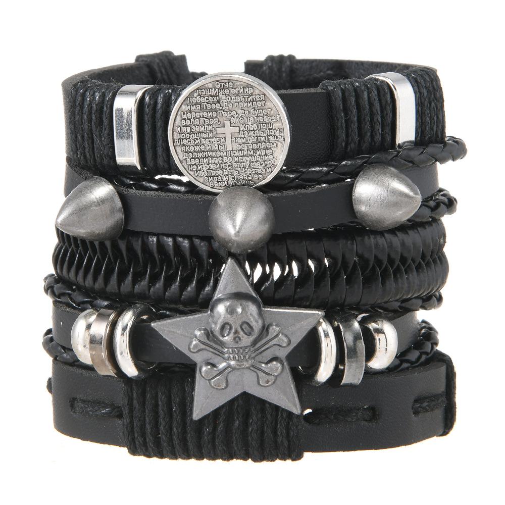 Men's Punk Skull Leather Bracelet Set Multi-Layer Gothic Rock Chain Bracelets Pentagram Charm Hip Hop Streetwear Badge Jewelry Accessories for Him