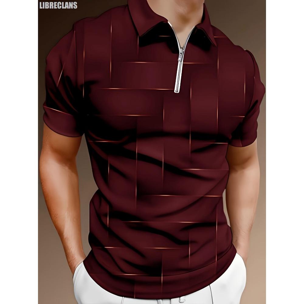 Men's gold checkered 3D printed retro polo ball, zippered polo ball, fashionable short sleeved top