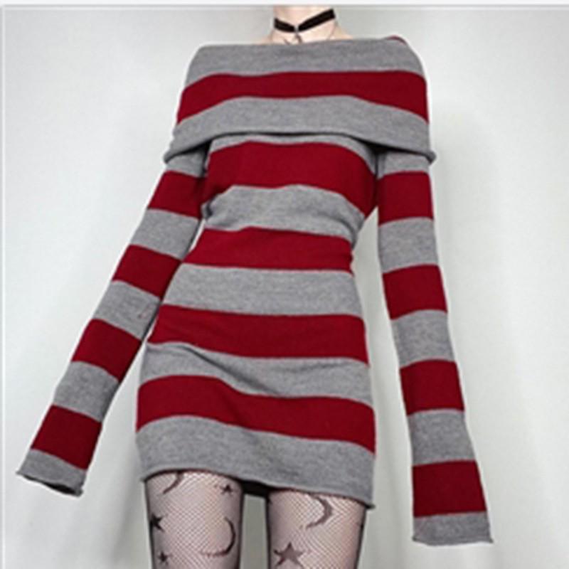 Y2K Gestreept One-Shoulder Slim Gebreide Trui Jurk