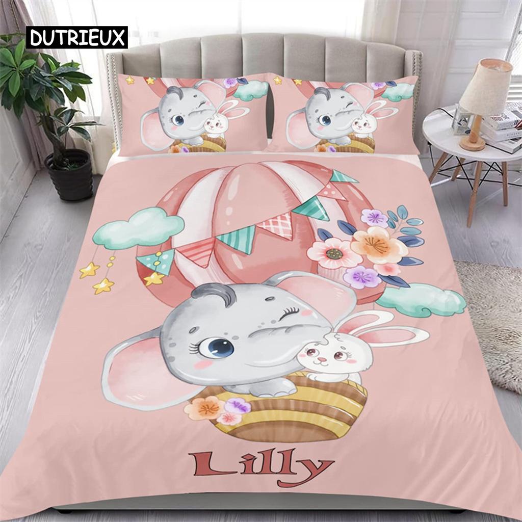 Cute Elephant Duvet Cover Set 2/3 Piece Cartoon Animal Bedding Set 3D Floral Comforter Cover Twin Full King For Boys Girls Gift