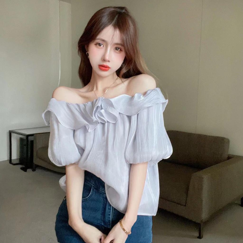 Pure desire temperament one-word shoulder shirt women's design sense niche top ruffle edge foreign style off-the-shoulder chiffon shirt summer