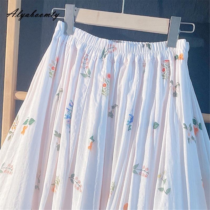 Prairie Chic Spring Summer Women Midi Skirt Elastic Waist Light Pink Floral Print A-Line Skirt Elegant Feminine Sweet Skirts Womens