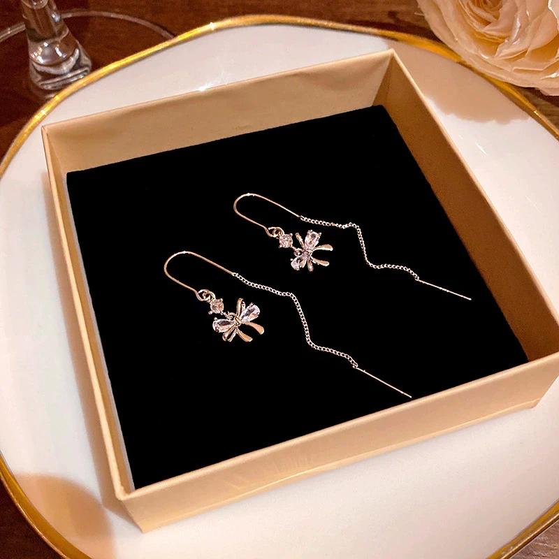 Zircon Bow Drop Earrings for Women Exquisite Sweet Dangle Earrings Long Tassel Ear Threads Vintage Trendy Versatile Jewelry Gift