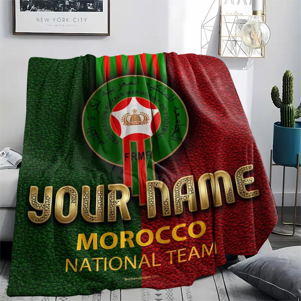 1PC Moroccan Football Crest Custom Name Patterned Flannel Blanket Suitable For All Seasons For Home Decor Warmth And Comfort Gifts Holiday Present