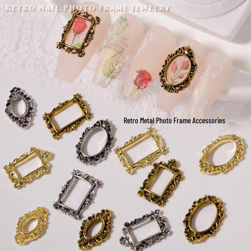 Retro Alloy Nail Art: 3D Carved Oval & Square Photo Frame Decorations