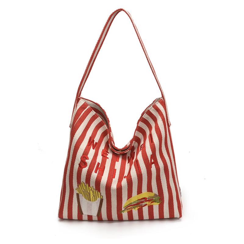 Korean casual lazy style canvas bag women's 2025 new large-capacity striped bucket bag fashionable shoulder bag