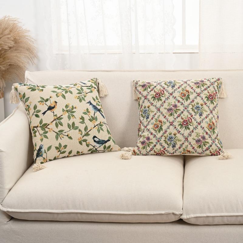 Retro European Style Cotton Linen Flower Cushion Pillowcase Living Room Sofa Backrest High Precision Jacquard Cushion Cover