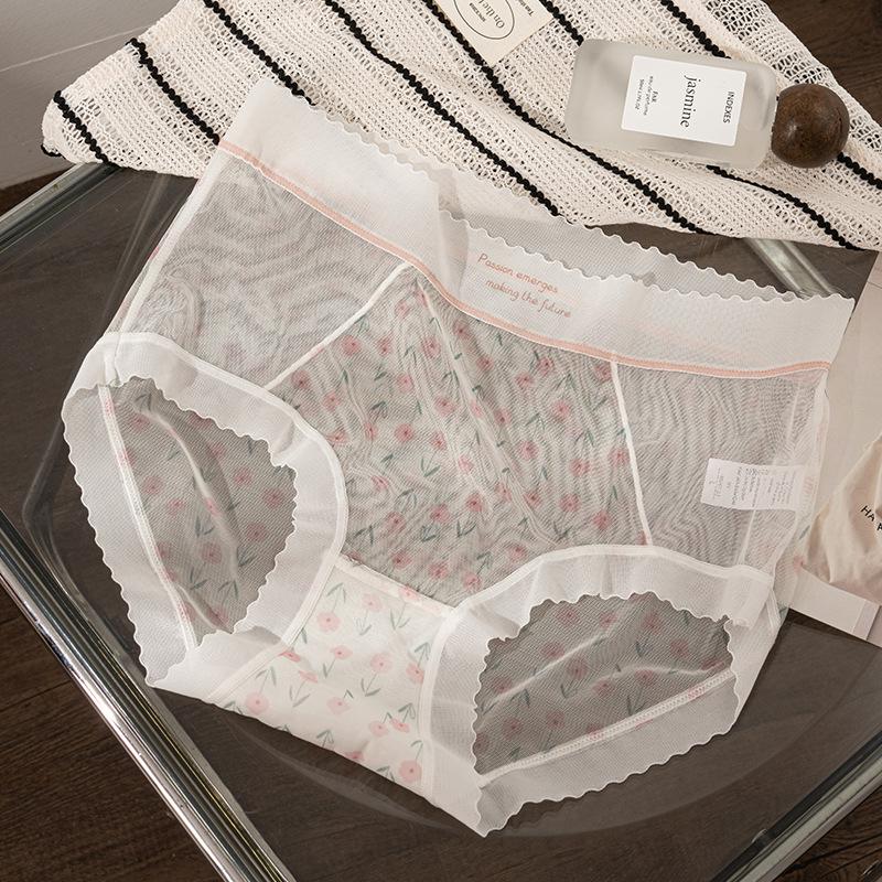 Damen Frühling Sommer Dünne Spitze Floral Transparentes Mesh Atmungsaktive Mittelhohe Taille Slips