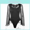 Body Sexy Primavera con Maniche in Rete e Scollo a U per Uscite Serale Moda