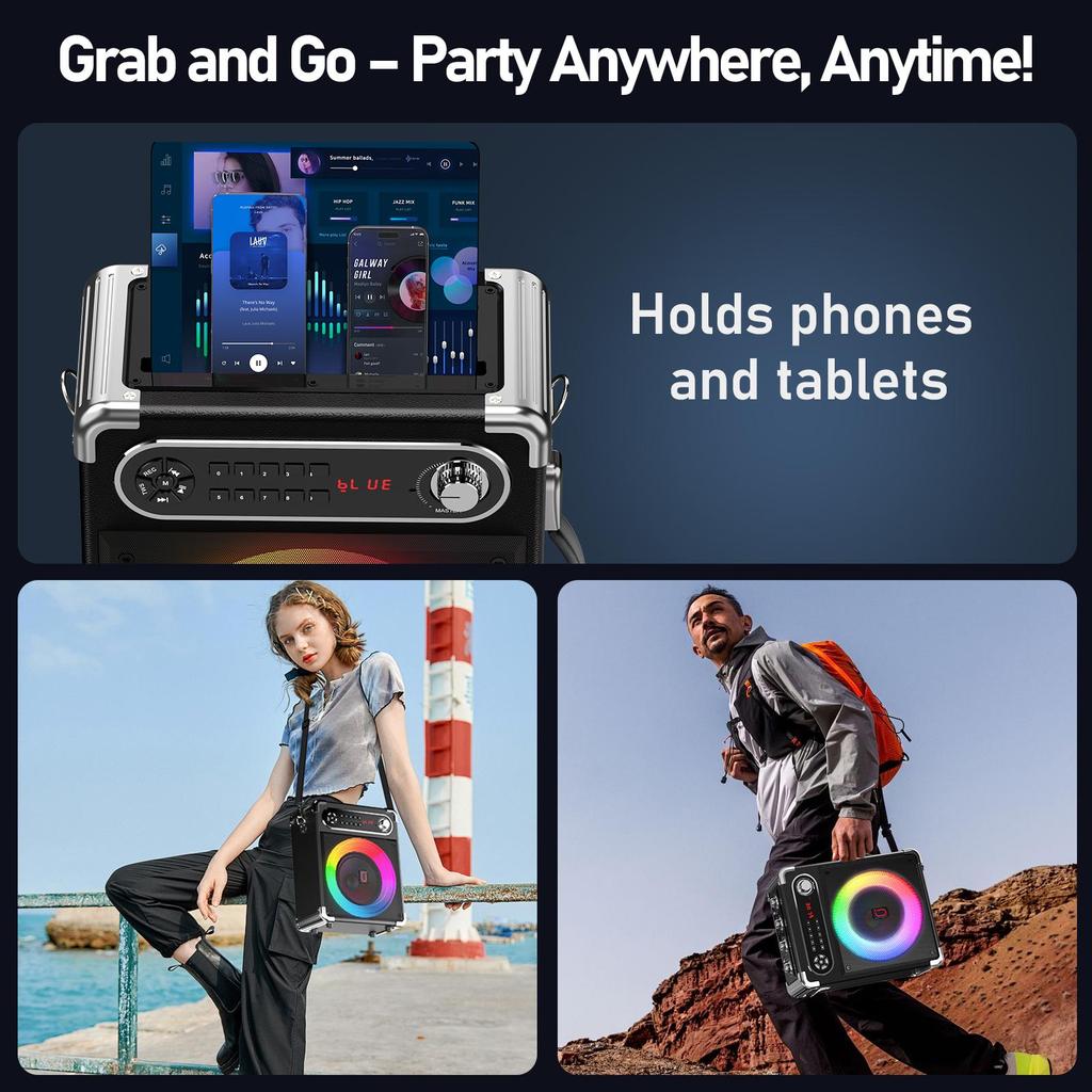 Karaoke-Maschine mit zwei drahtlosen Mikrofonen, tragbarer Bluetooth-Lautsprecher mit Bass-/Höhenregelung, PA-System mit Fernbedienung