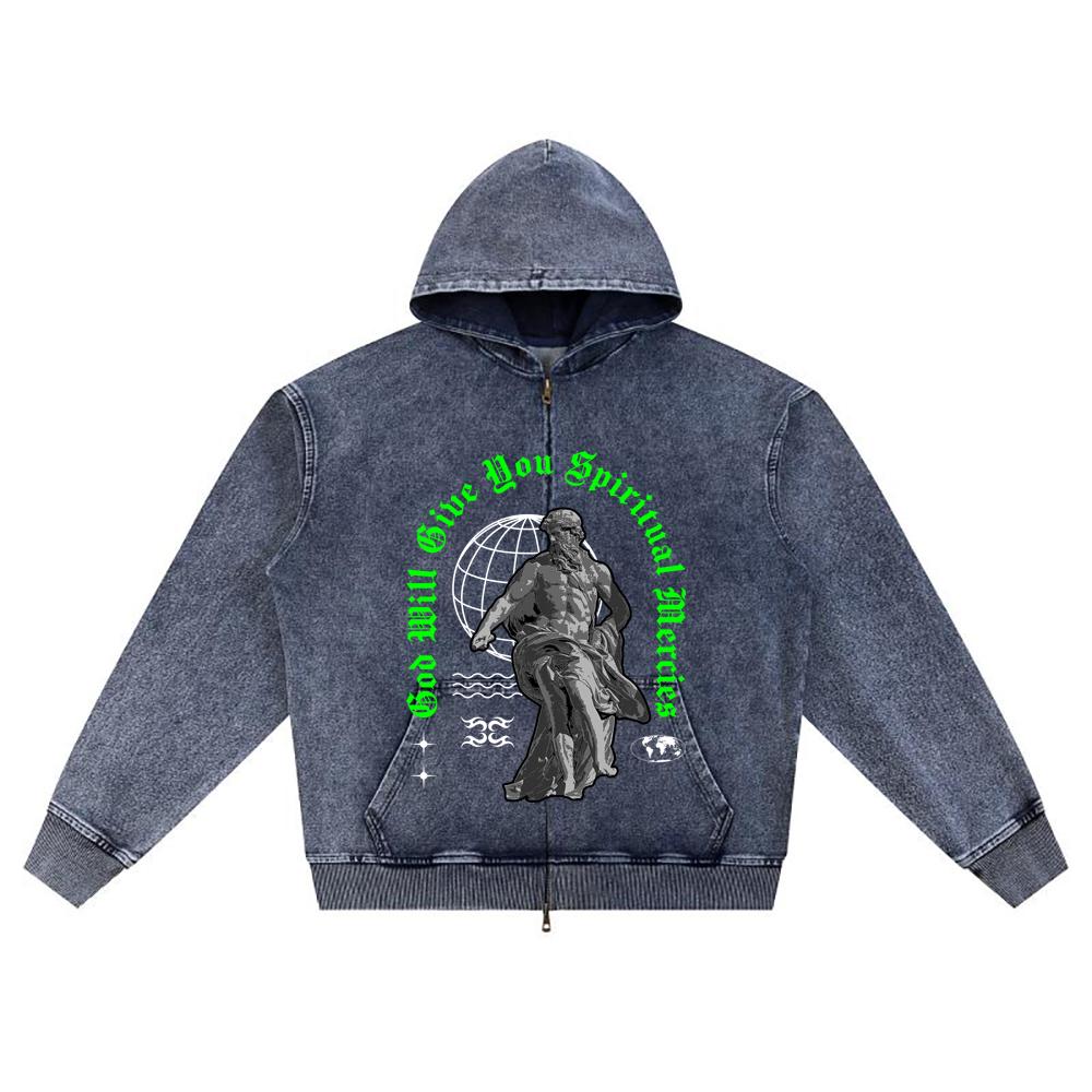 

DTG print Knitted Denim Zip-Up Hoodie Streetwear Brother Print Zipper Hoodies XL