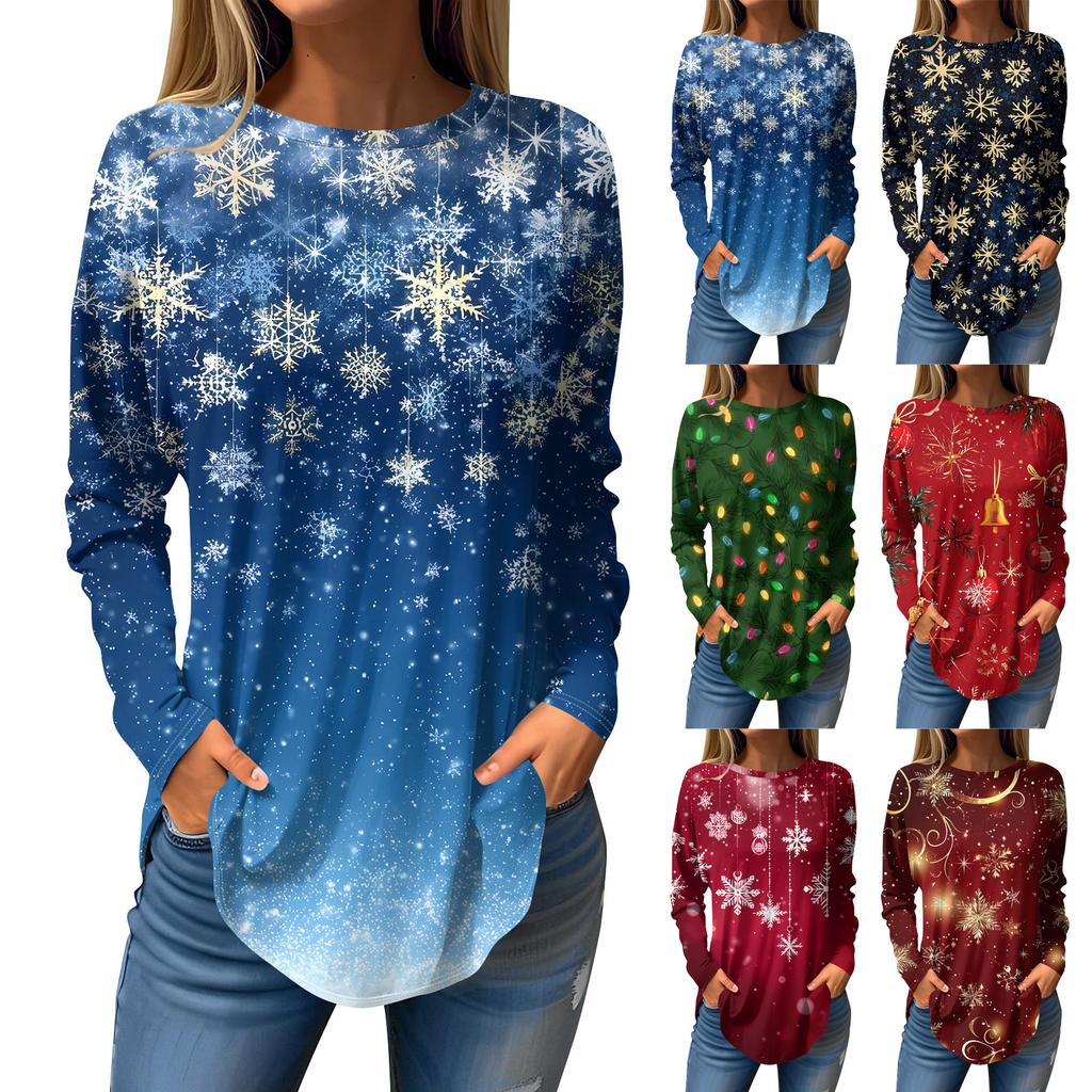 Women's Loose Round Neck Christmas Print Long Sleeve T-Shirt Top Pullover