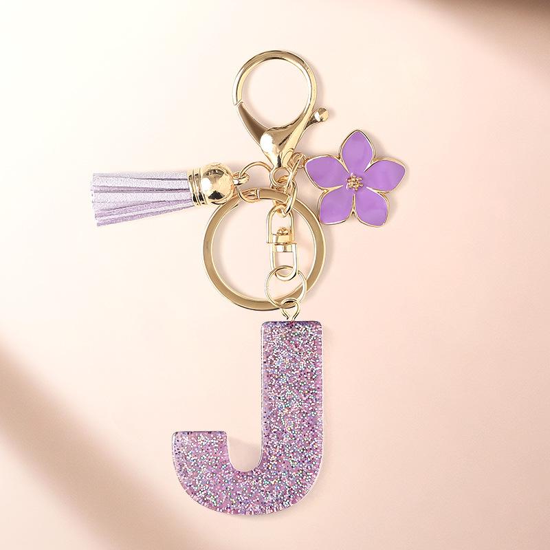 Flash Powder 26 English letters, diy, Resin keychain, purple flower, pendant, bag pendant, keychain, Christmas gift, Stocking stuffers