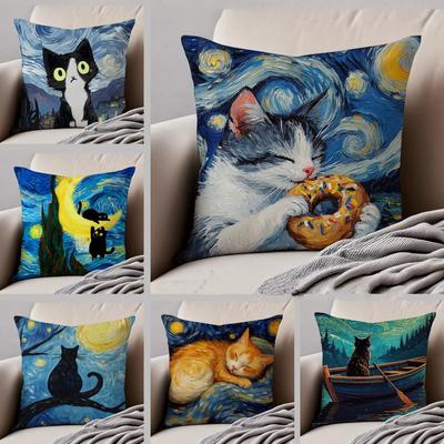 Fashion Casual V-Van Gogh Starry Sky Kawaii Cat Cushion Cover Linen Pillow Case Soft Breathable Protective Couch Room Decoration