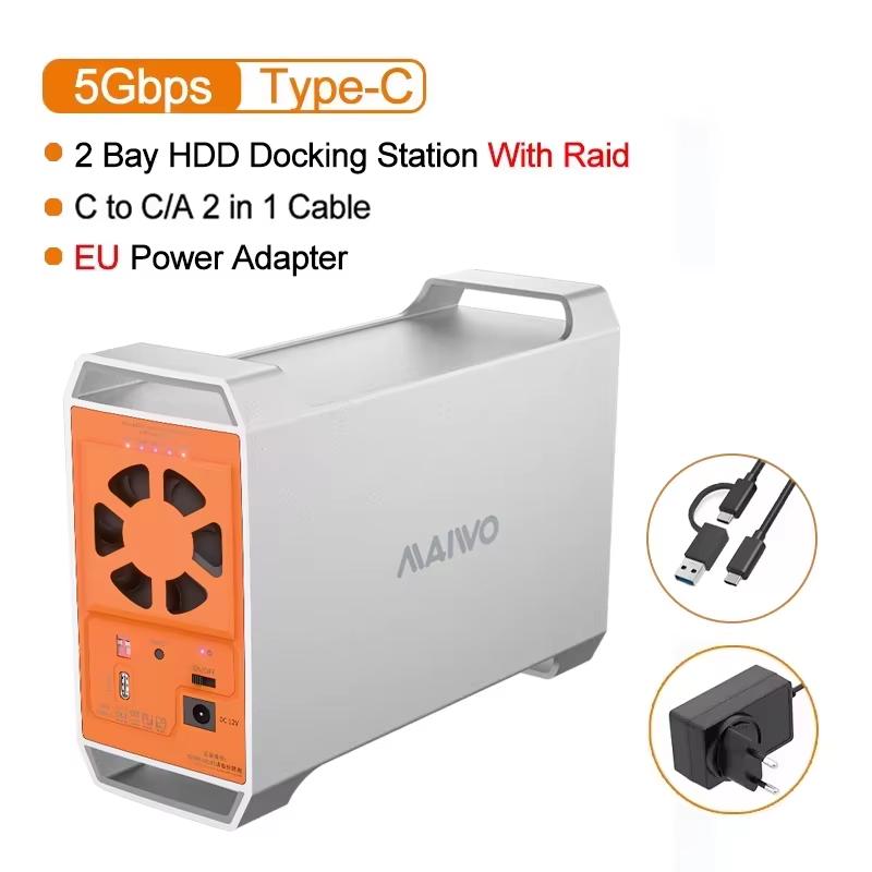 MAIWO 2 Bay HDD Docking Station SATA To USB Type-C Hard Drive Enclosure for 2.5/3.5 Inch Hard Drive Case with 4 RAID Modes Case