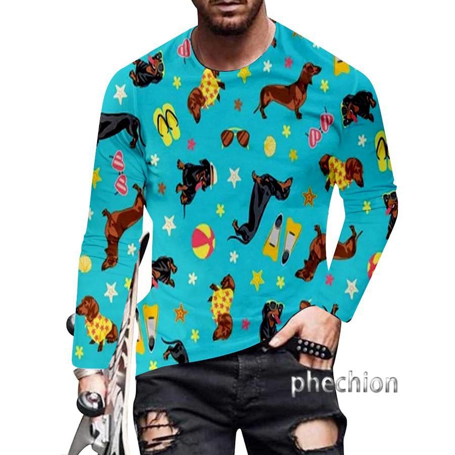 

Футболки мужские с круглым вырезом и 3D-принтом таксы, повседневные с длинным рукавом - мягкая полиэстеровая ткань средней эластичности, одежда для весны и осени, свободного кроя 5XL