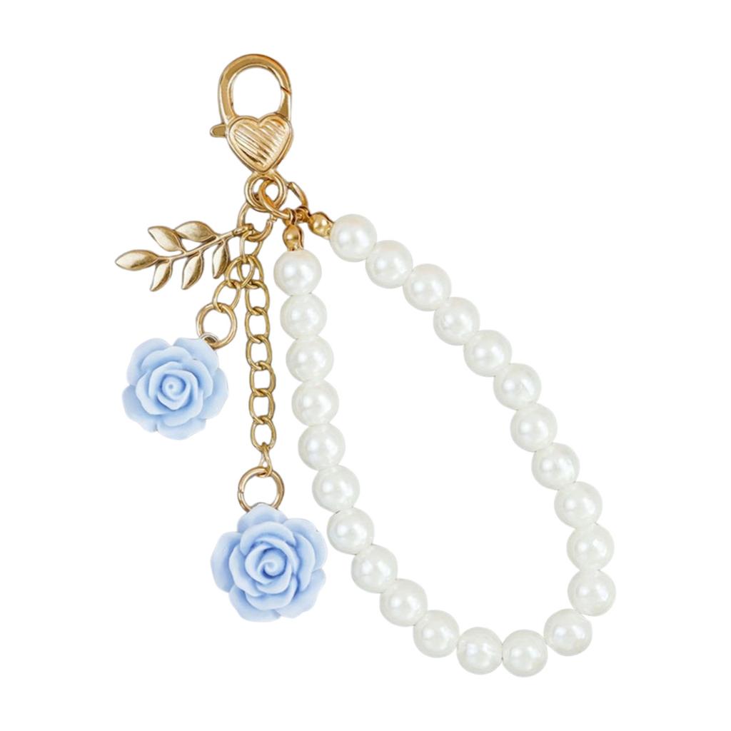 Stylish Faux Pearls and Rose Key Holder Beaded Key Chain Bag Charm Lightweight Keychain Ornament for Women Girls