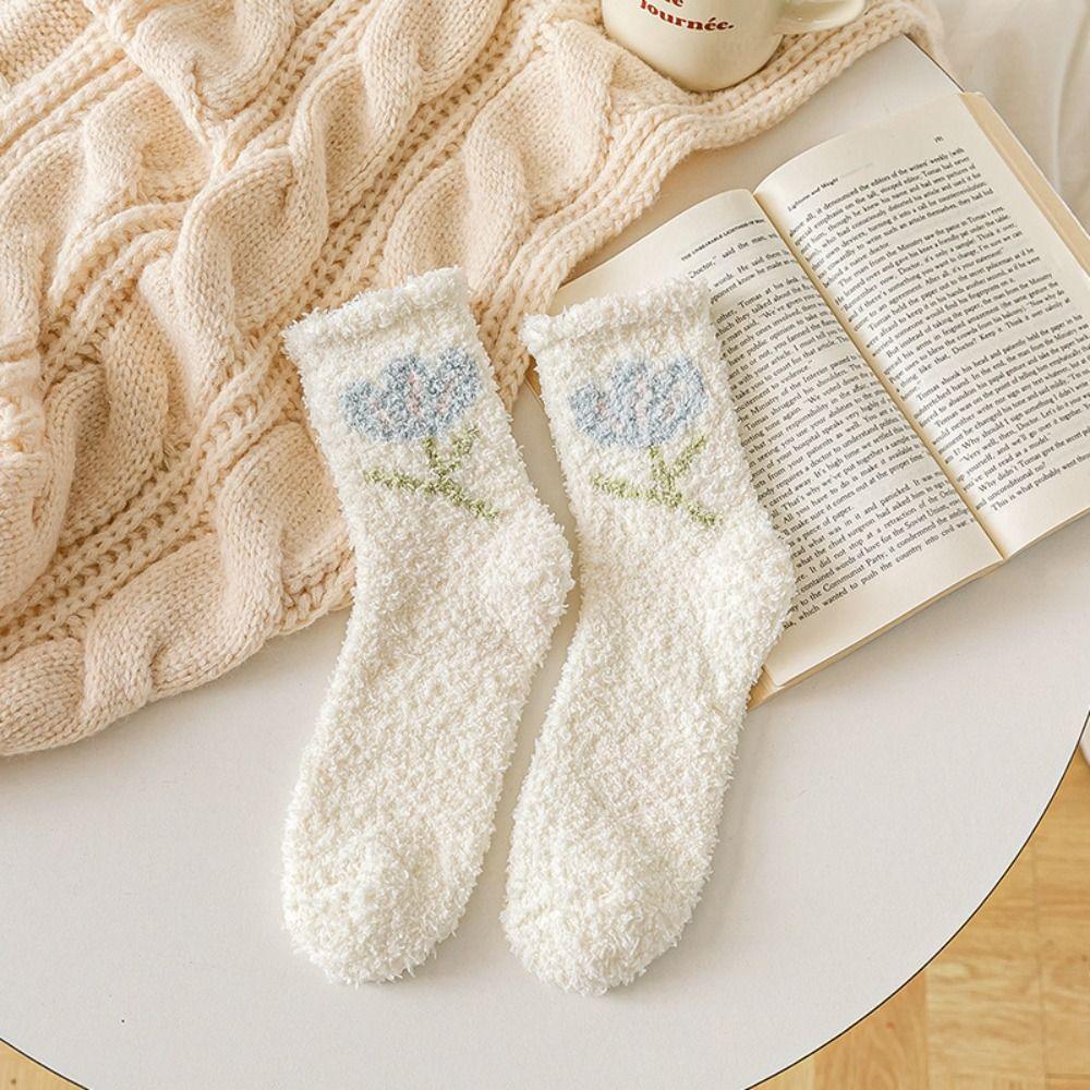 

Breathable Trendy Ruffle Cute Thick Flower Coral Velvet Korean Style Socks Middle Tube Female Socks E