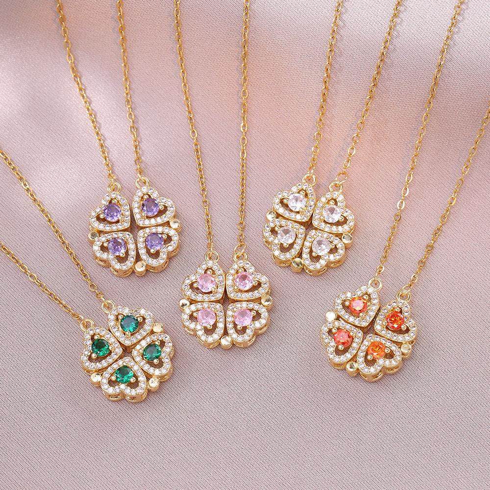 Women's Japanese Korean Folding Fashion Two-Wearing Four-Leaf Flower Heart-to-Heart Clavicle Necklace Zircon Copper Water-Wave